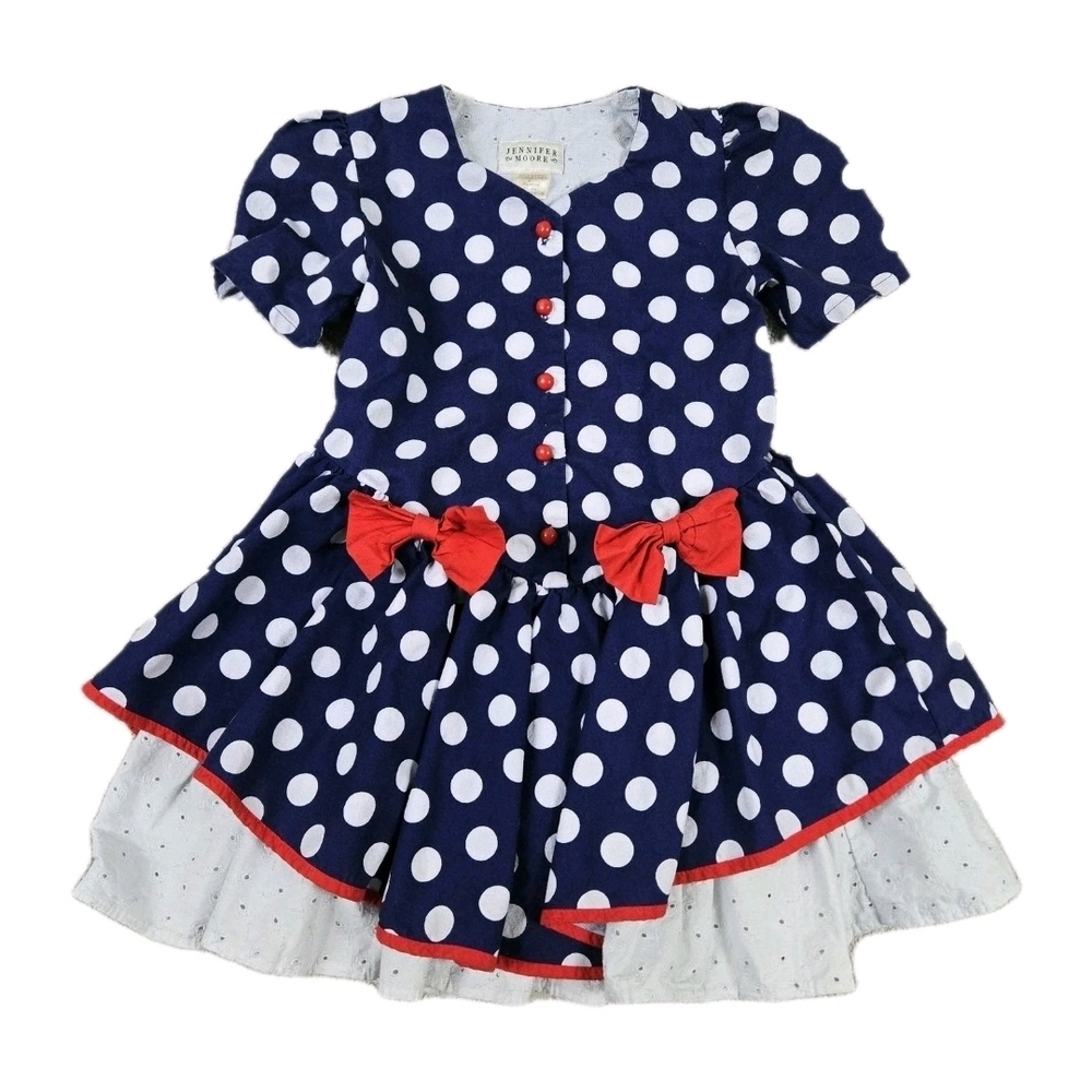 Jessica Moore Girls Dress 6 Blue Polka Dot Red Bows Button Retro Party Summer